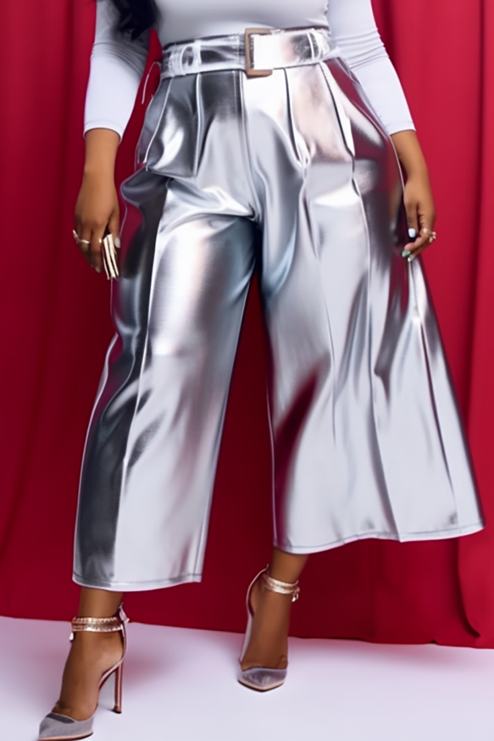Design Plus Size Daily Pants Casual Silver Fall Winter Wide Leg Metallic Glitter Fabric Pants [Pre-Order]