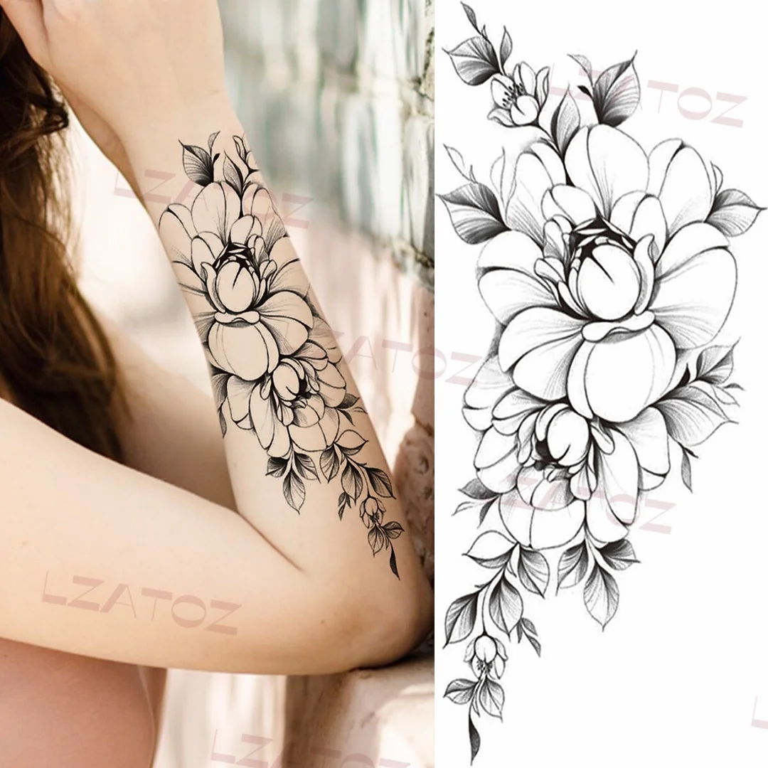Sdrawing Big Letters Temporary Tattoos For Men Women Moon Pendant Peony Fake Tattoo Sticker Custom Armband Fashion Disposable Tatoo
