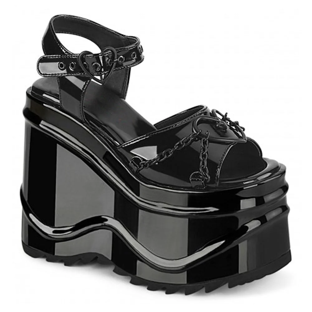 Brand Design 2021 Big Size 43 Chunky High Heel Black Gothic Cool Chains Punk Summer Platform Sandals Women Wedges Shoes