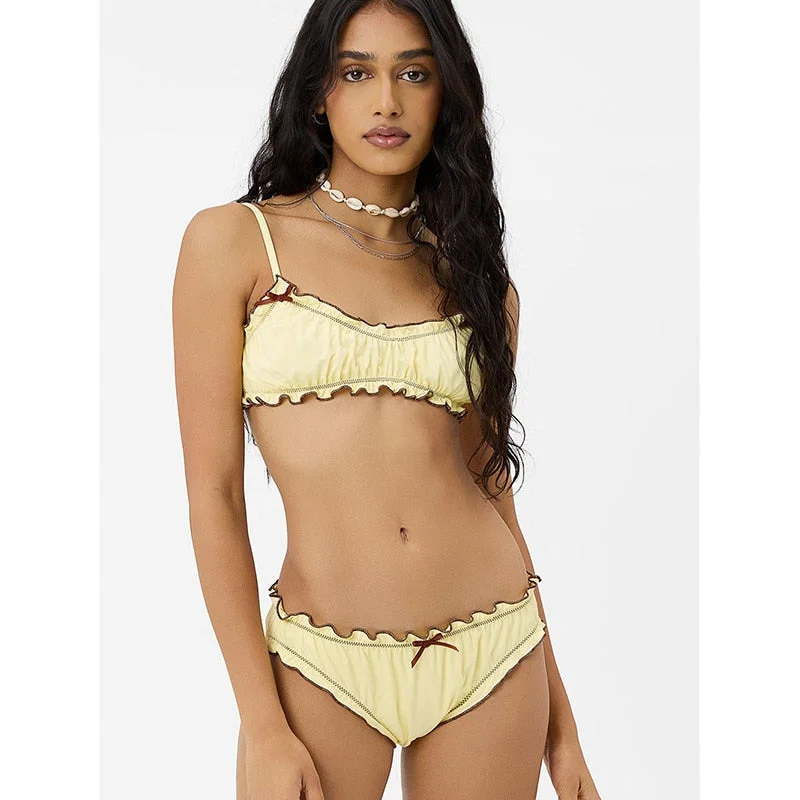 Patchwork Bikinis String Bikini Set Ruffles Side Swimwear Women Sexy Swimsuit Woman Halter Bathing Suits Two Piece Beachwear