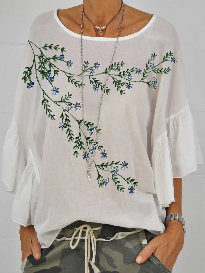 Women'S Crew Neck Embroidered Floral Print Linen Top