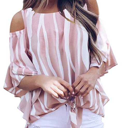 Fashion Women Cold Off Shoulder Stripe Loose Tops Butterfly Short Sleeve O Neck Summer Autumn Casual Baggy Tie Knot Blouse Shirt