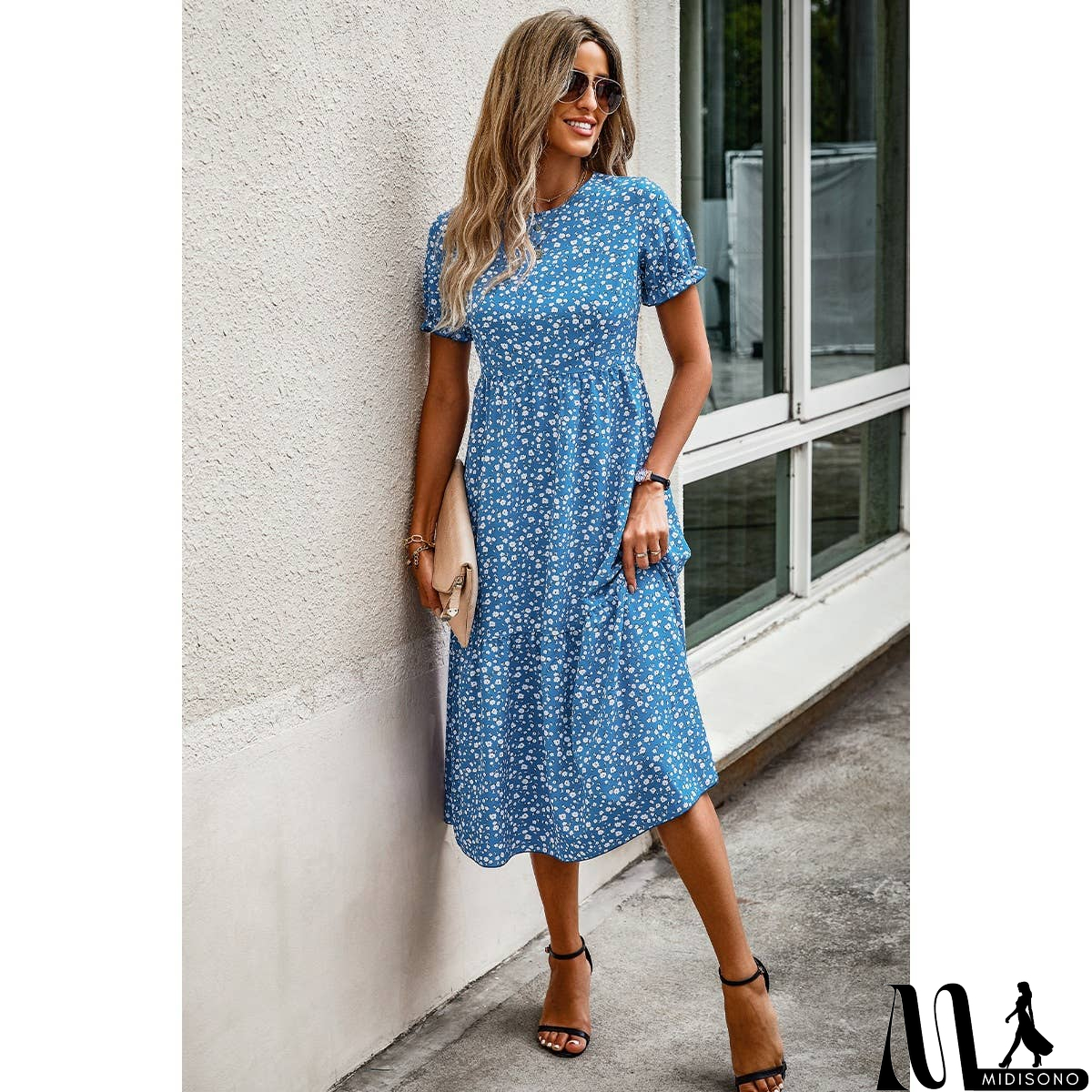 MidiSono - Floral Print Round Neck Color Block High Waist Fit Dress