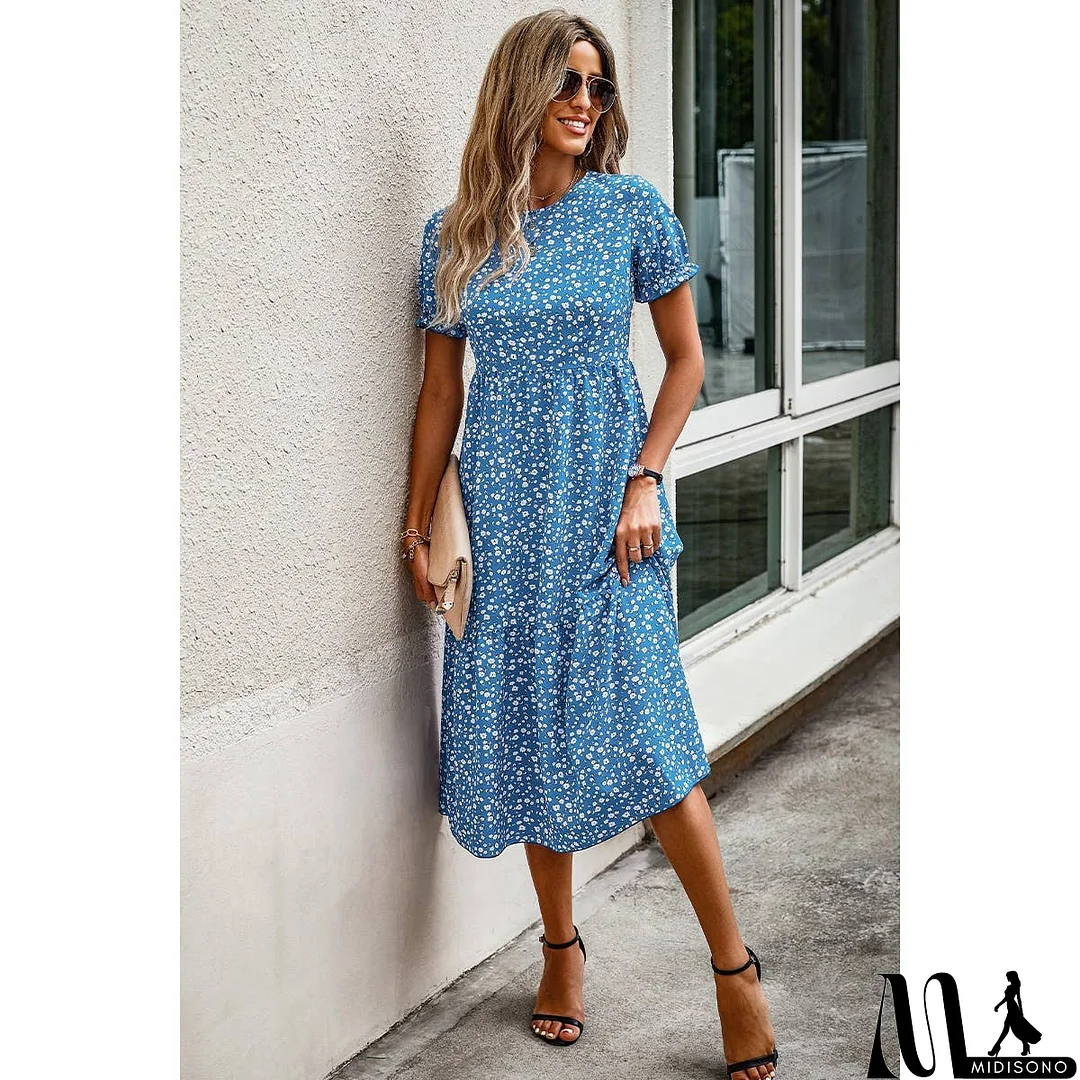 MidiSono - Floral Print Round Neck Color Block High Waist Fit Dress