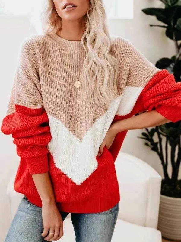 Striped color matching knitted sweater women
