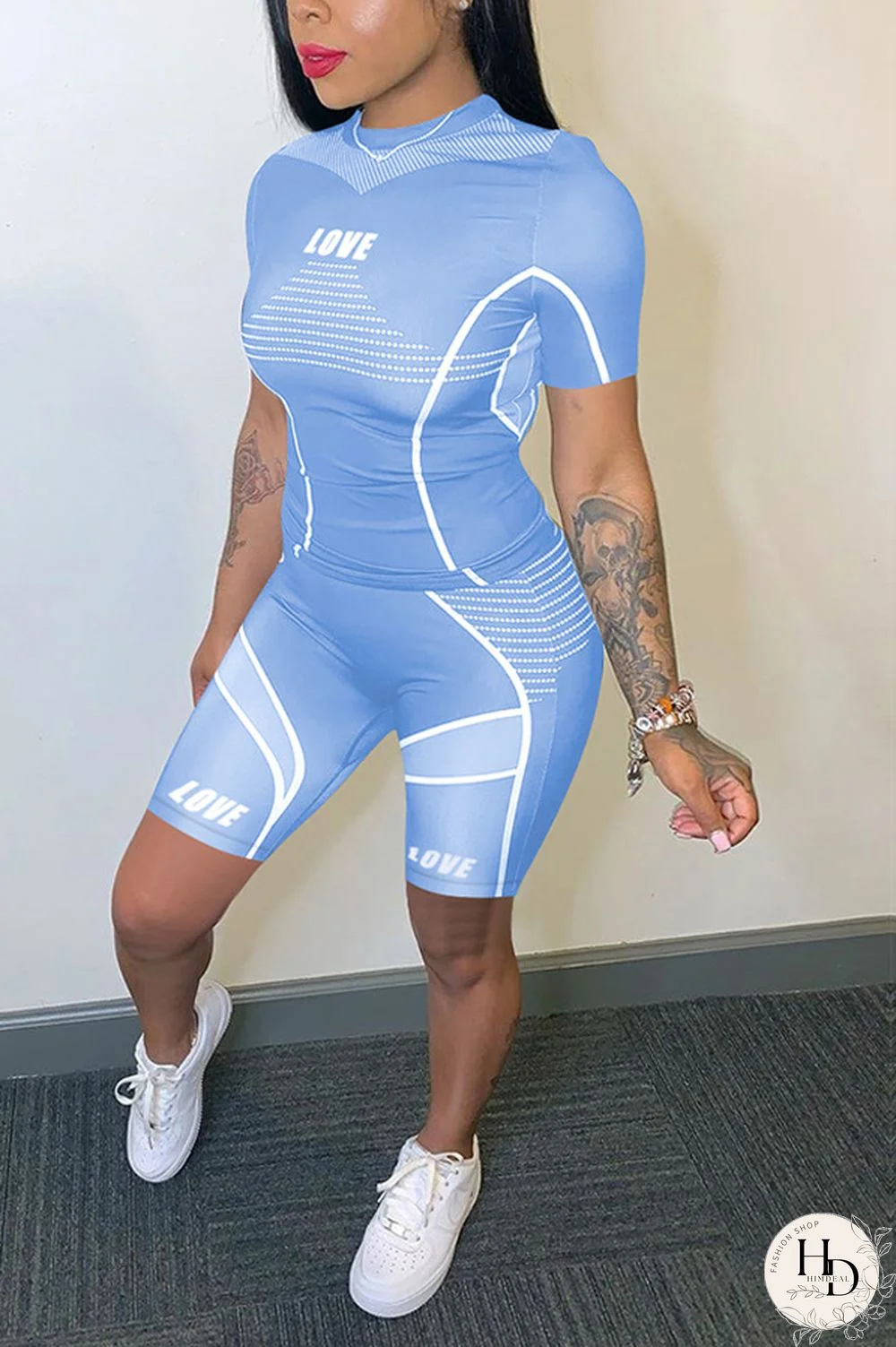 Light Blue knit Sexy Patchwork Print Straight Short Sleeve Two Pieces