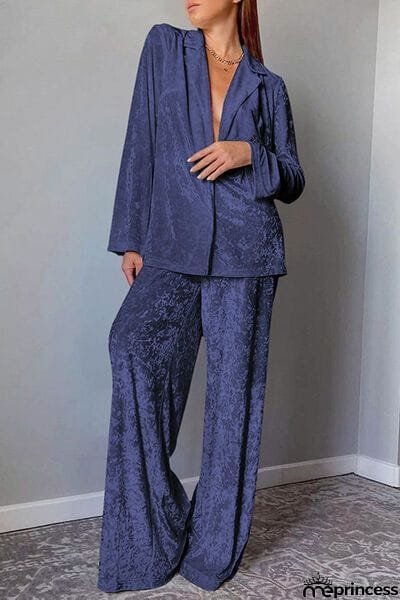 Open Front Collared Neck Top and Pants Set