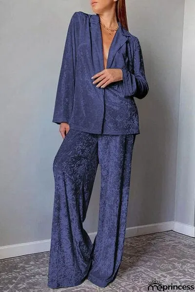 Open Front Collared Neck Top and Pants Set