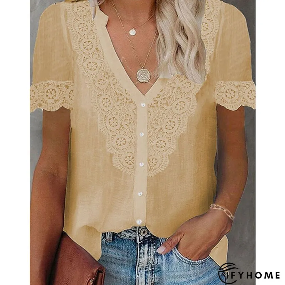 Womens Shirt Blouse Black White Pink Plain Lace Patchwork Short Sleeve Daily Weekend | IFYHOME