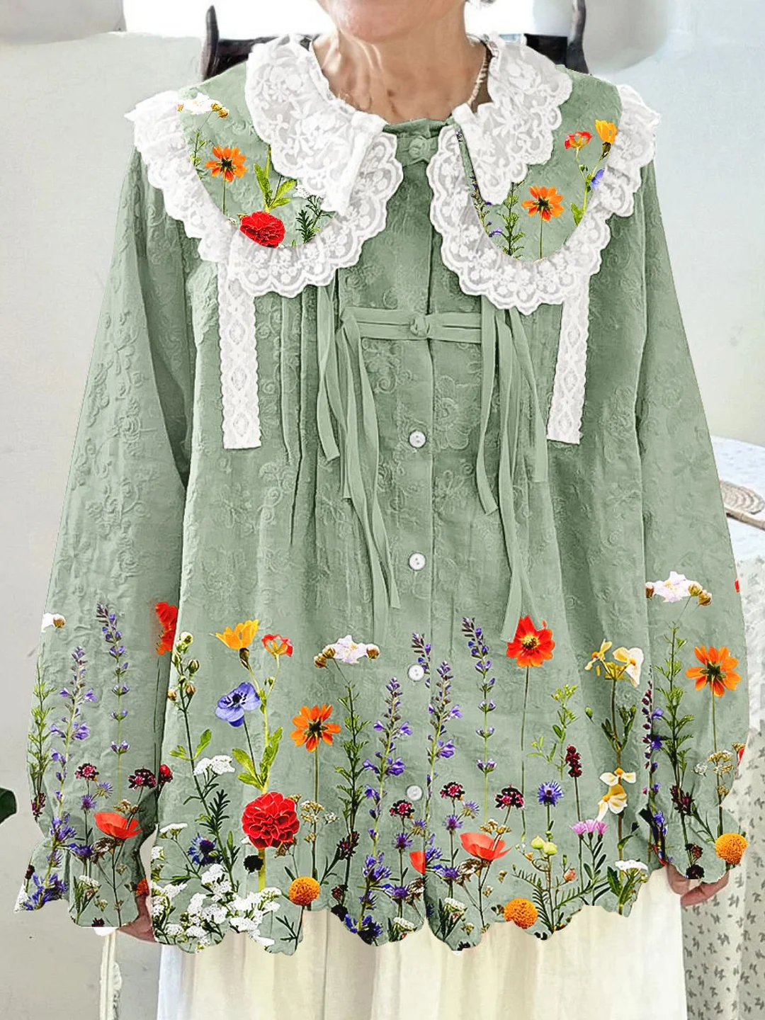 Women Printed Long Sleeve Round-neck  Cute Collar Shirts Blouses Green