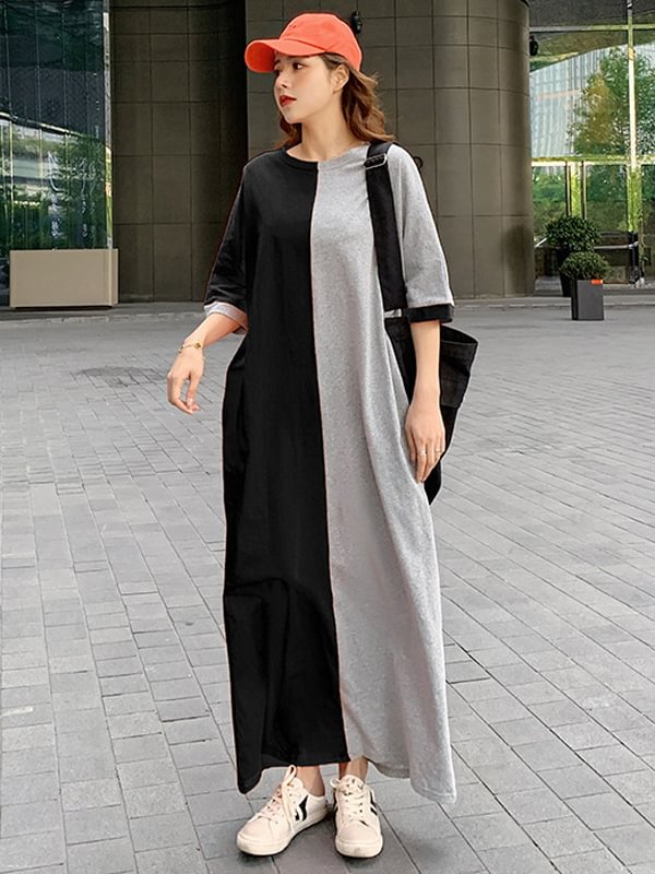 Casual Color Matching Round-Neck Long Sleeves Maxi Dress