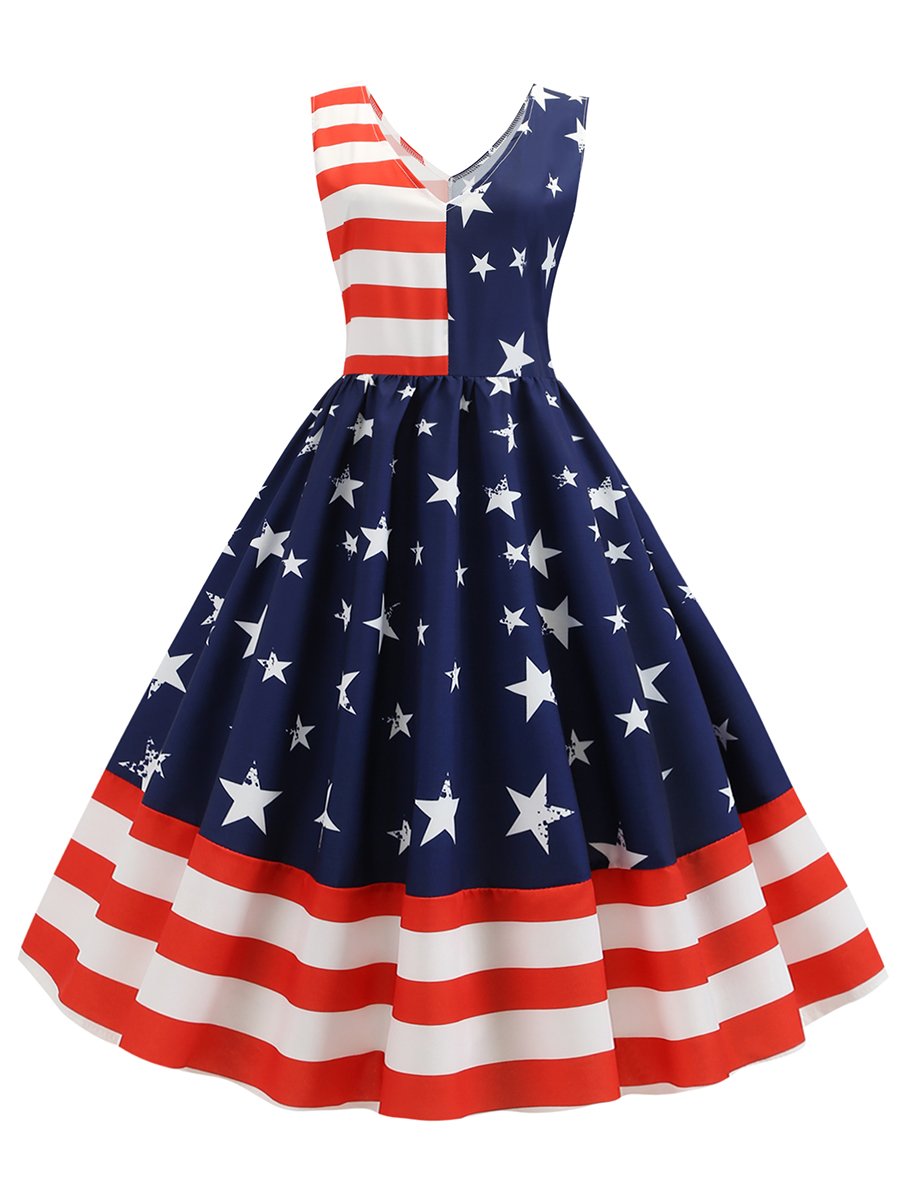 1950s Dress American Flag V Neck Striped Dress