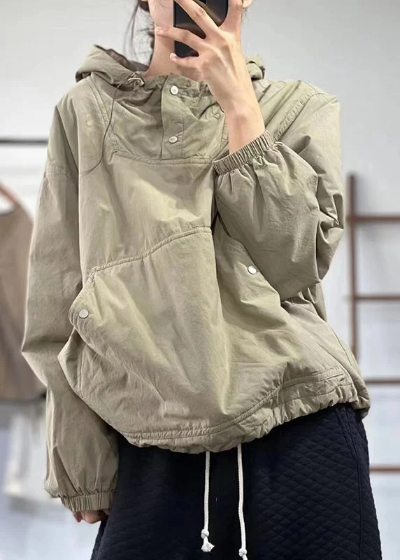 Khaki Patchwork Loose Fine Cotton Filled Top Hooded Cinched Winter