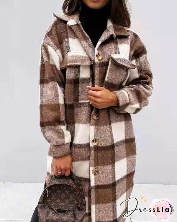 Plaid Print Long Sleeve Woolen Long Coat