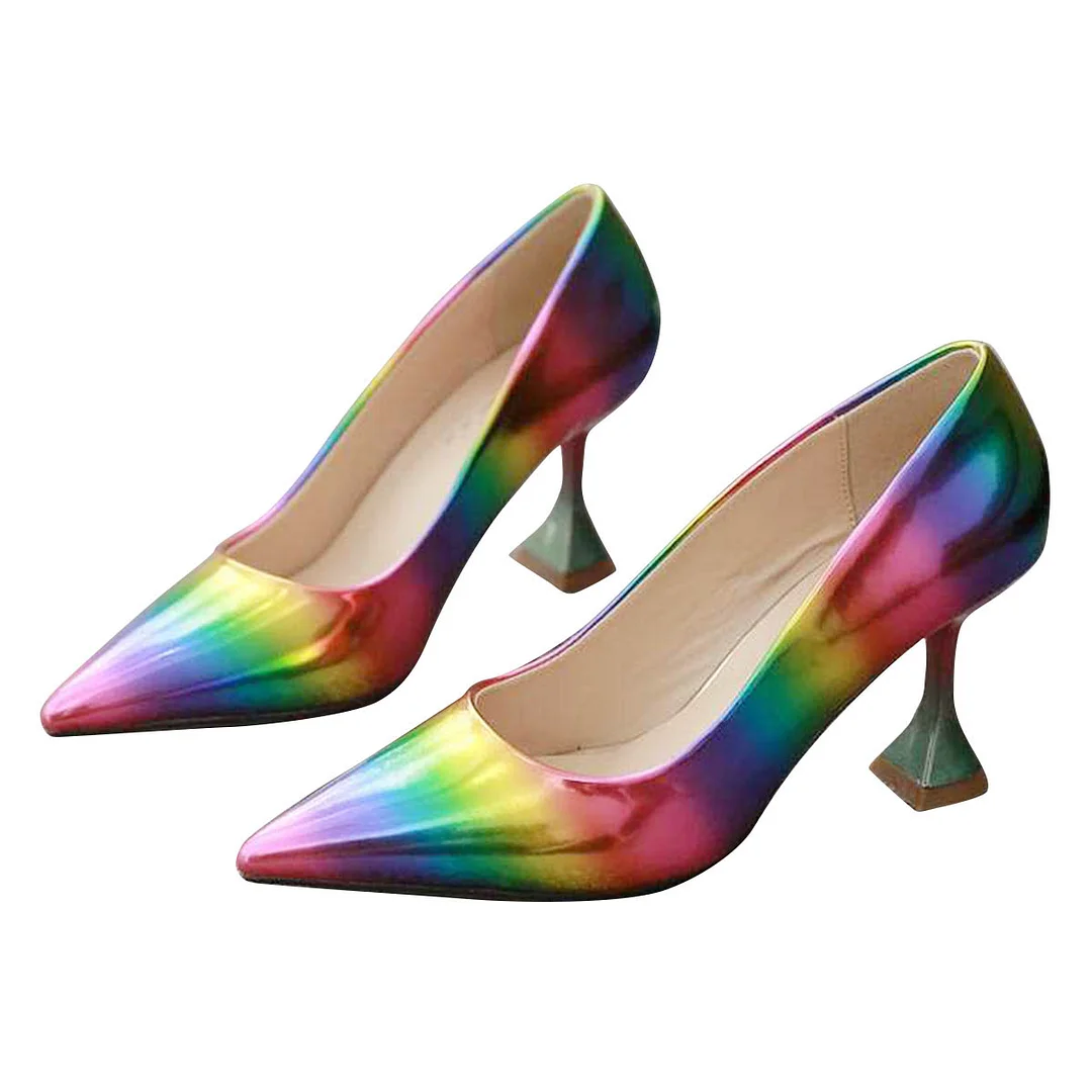 Rainbow Vegan Leather Flared Heel Pointed Toe Trendy Pumps for Women