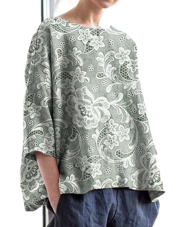 Vintage Floral Lace Embroidery Print Round Neck Linen Loose Top