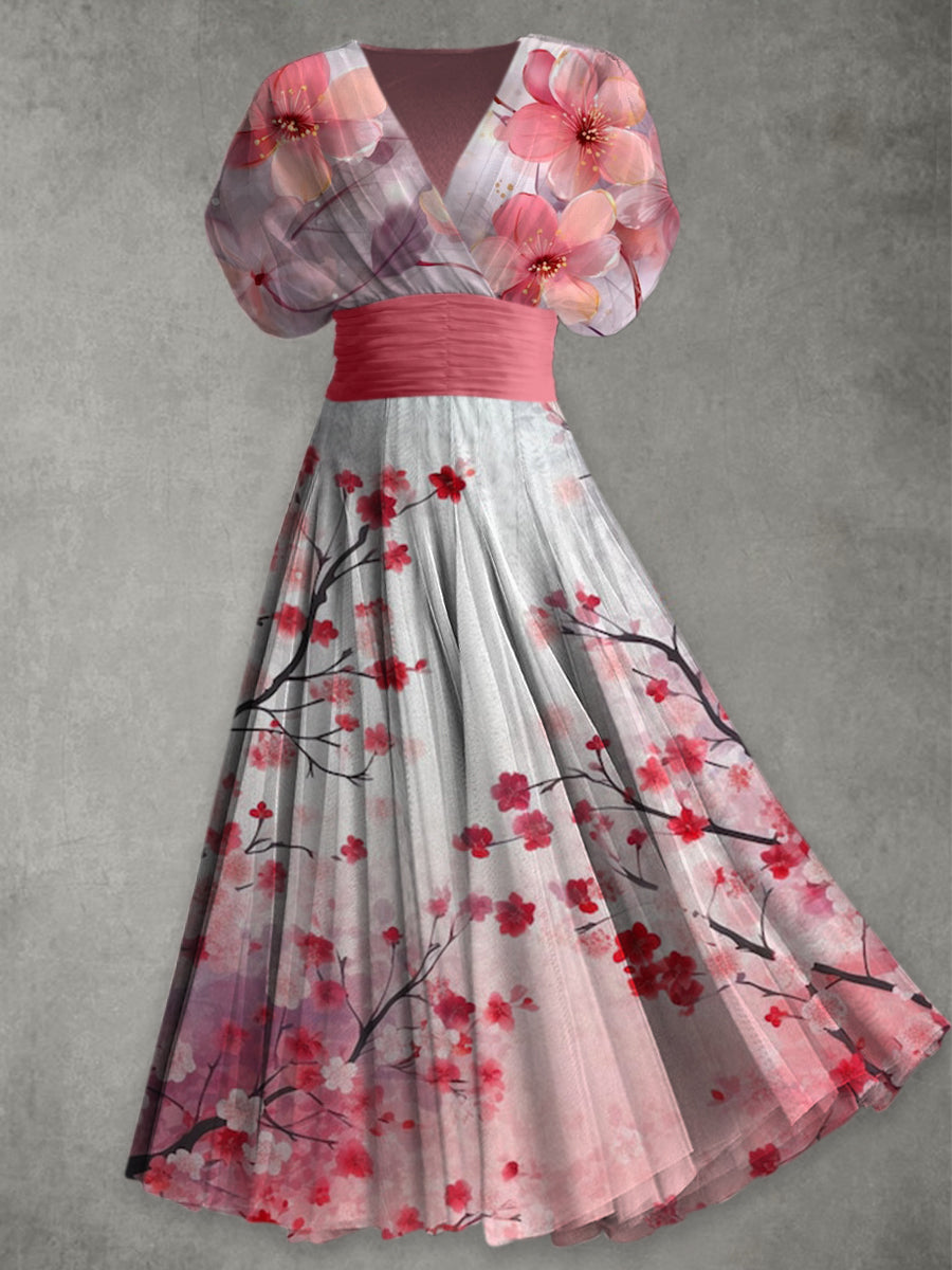 Retro Floral Print Elegant V-Neck Chic Short Sleeve Maxi Dress