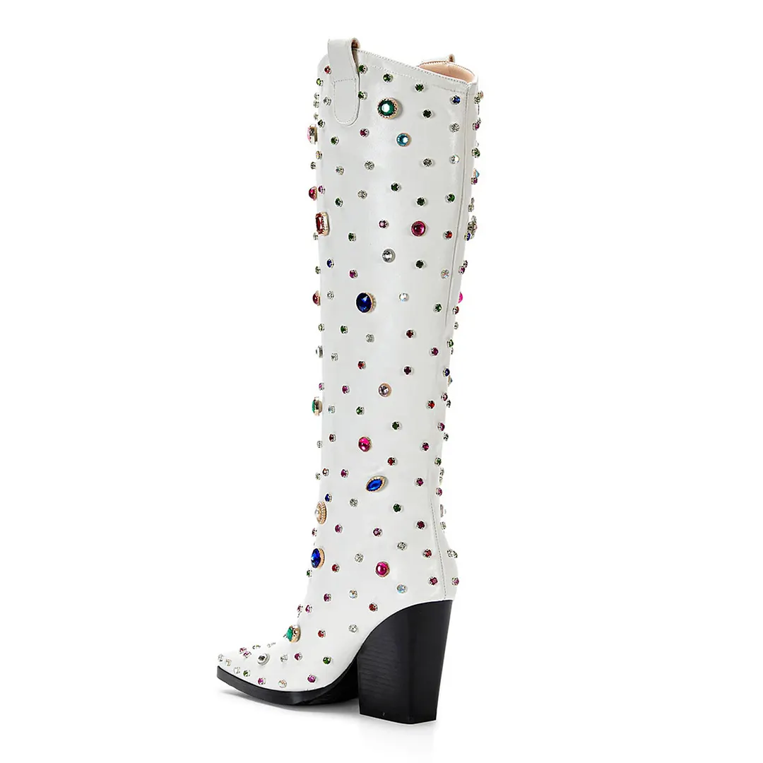 White Pointed Toe Chunky Heel Rhinestone Western Boots for Women