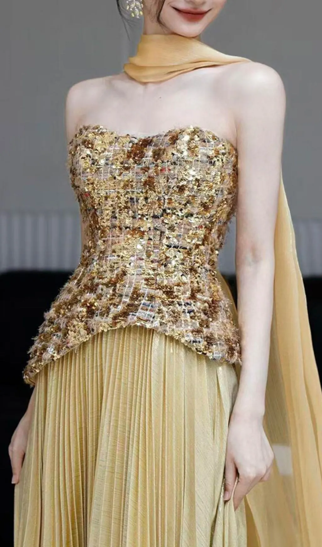 strapless pencil cut gold dress Leila Dress | Gold Sequin Strapless Dress main image 0