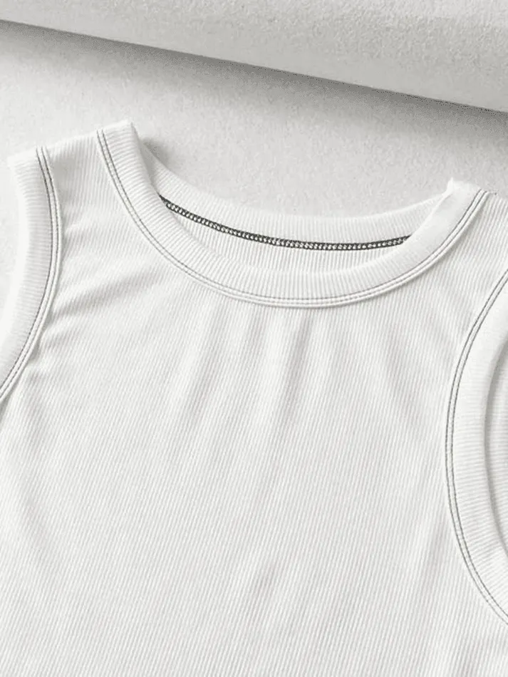 Brownm Stitched Detail Ribbed Crop Tank Top