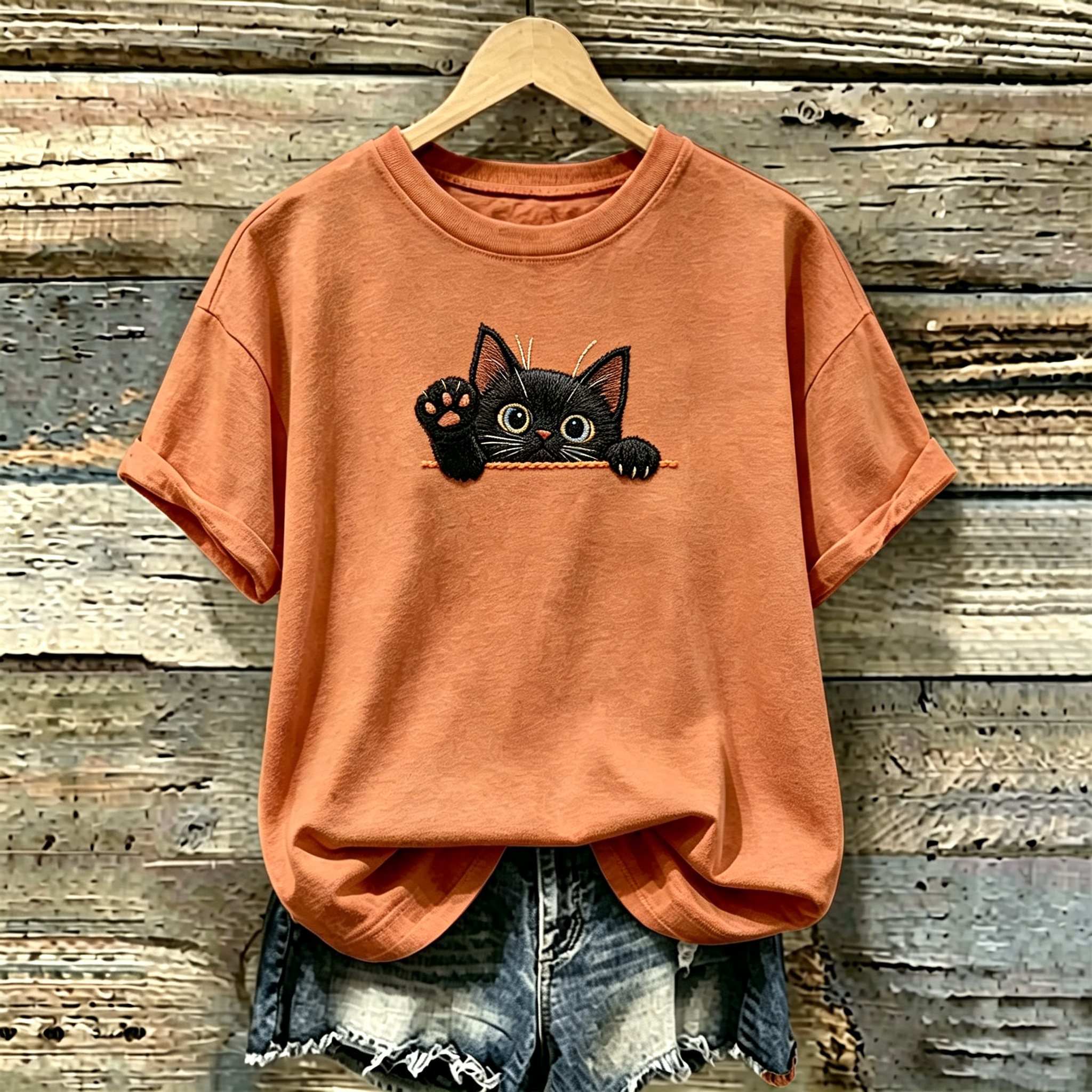 Women's Cute Black Cat Pattern Casual T-shirt elevenforest