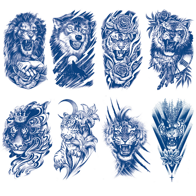 8 Sheets Lion Tiger Wolf Half Arm Juice Ink Semi-Permanent Tattoo Lasts 15 days
