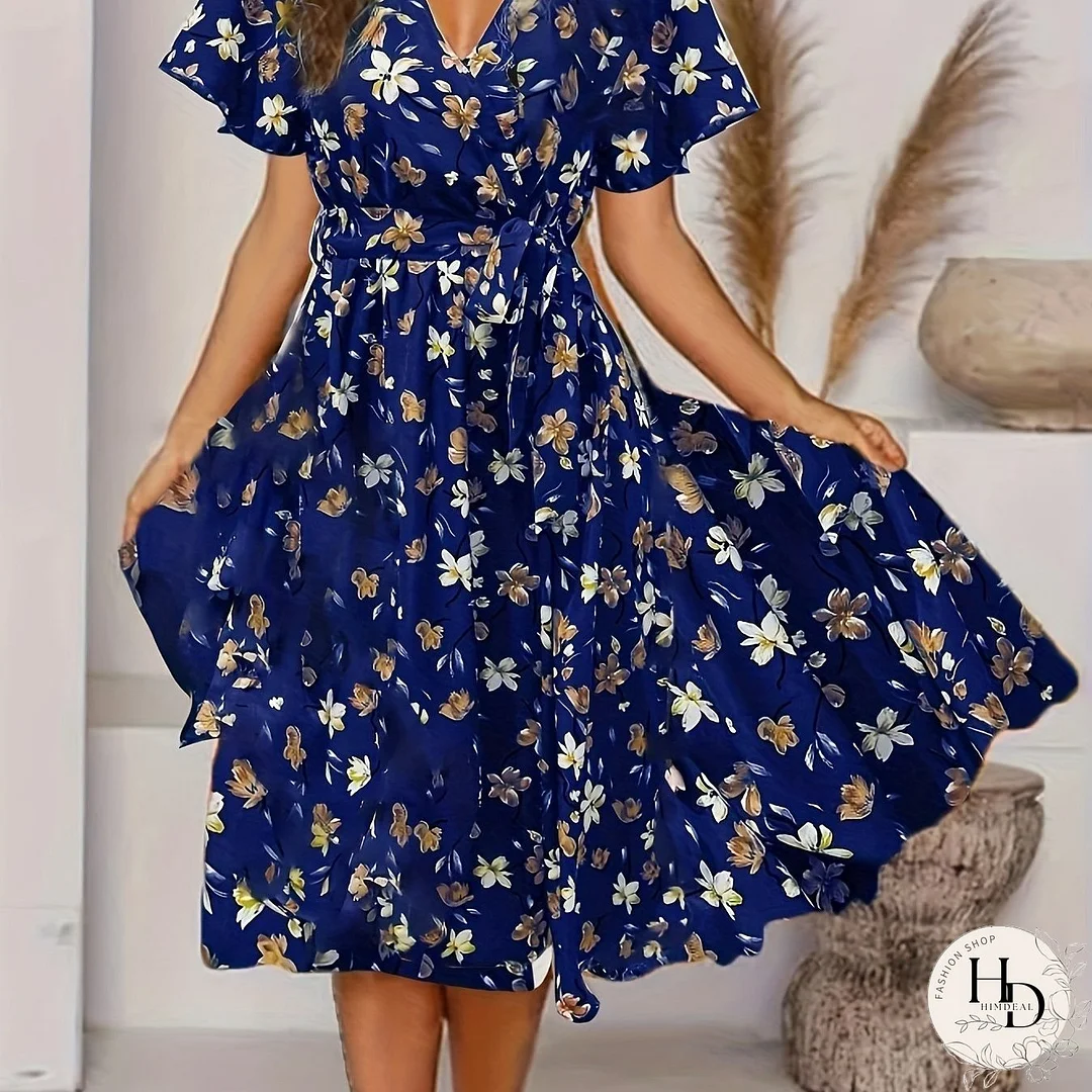 Floral Print V Neck Dress, Elegant Knot Pleated Short Sleeve Dress, Women's Clothing