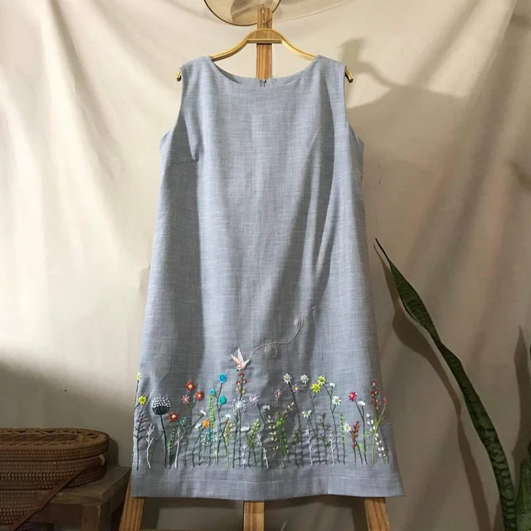 Utbros Cozy Bird Floral Embroidery Art Graphics  Cotton And Linen Dress