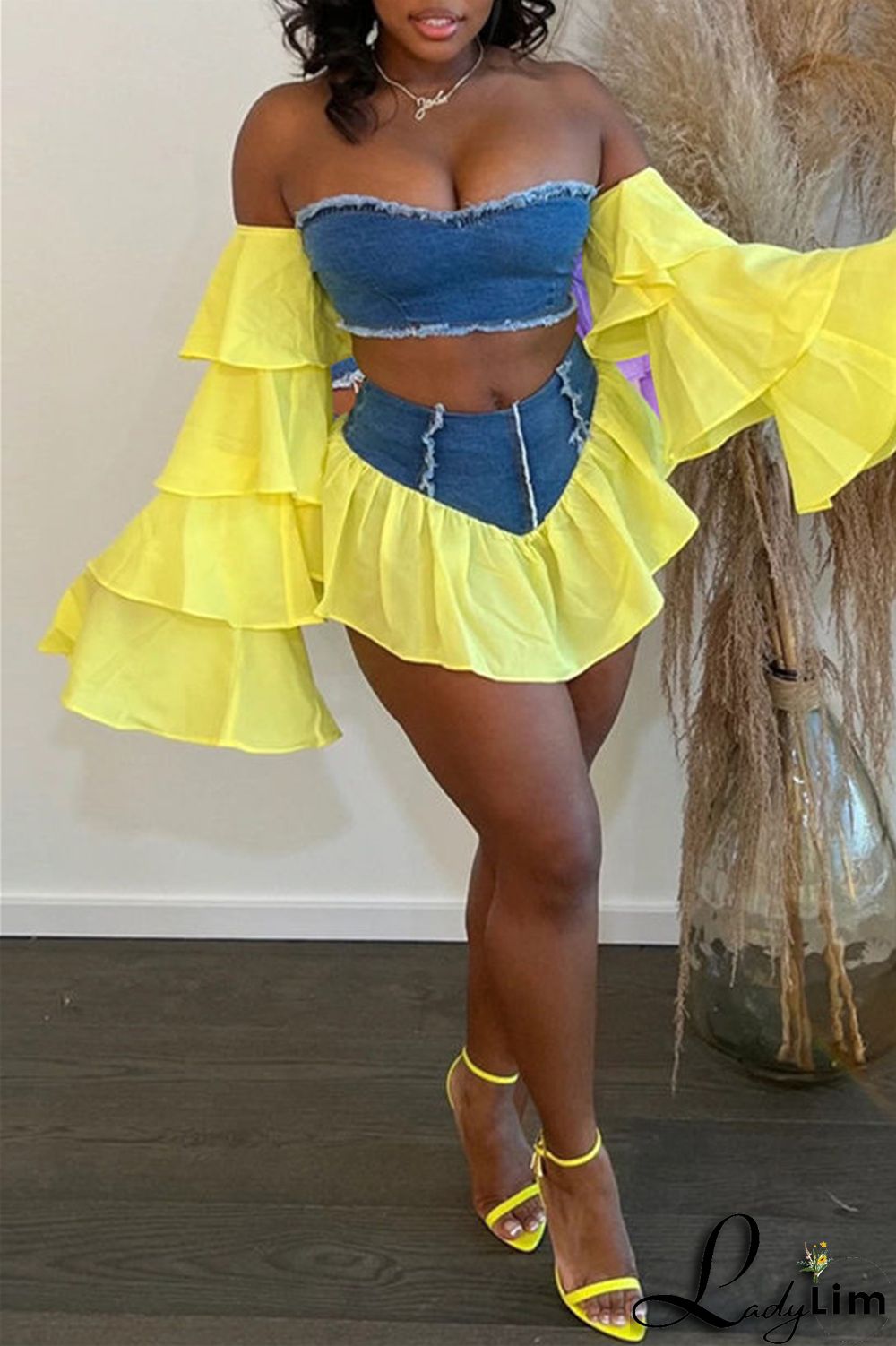 Yellow Fashion Sexy Patchwork Backless Off the Shoulder Long Sleeve Two Pieces