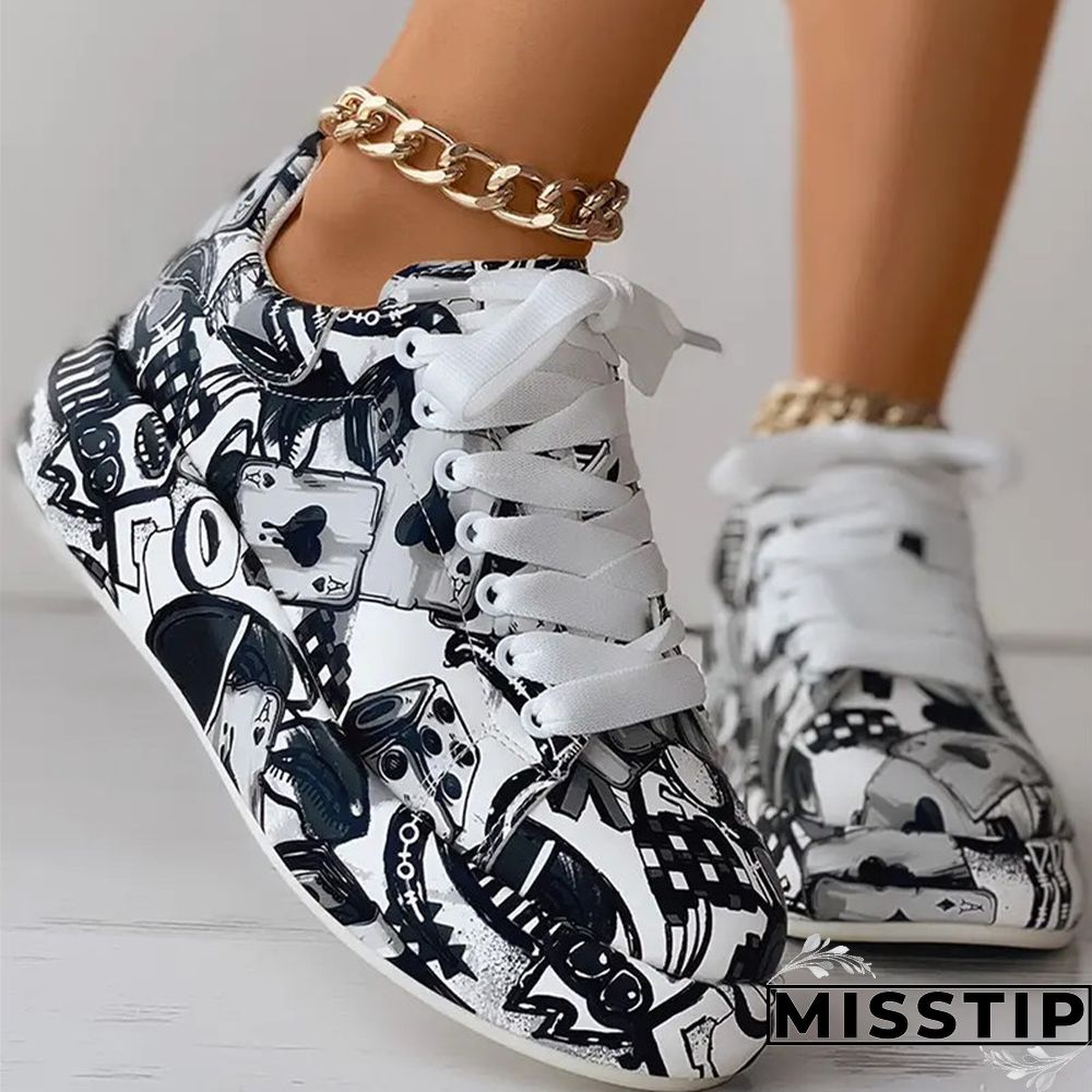 Black Fashion Casual Bandage Graffiti Round Comfortable Out Door Shoes