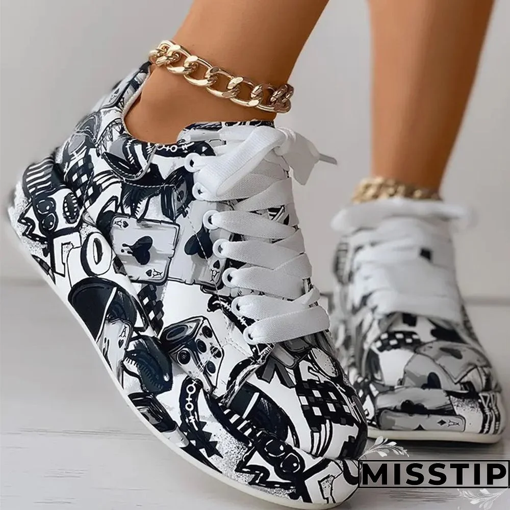 Black Fashion Casual Bandage Graffiti Round Comfortable Out Door Shoes
