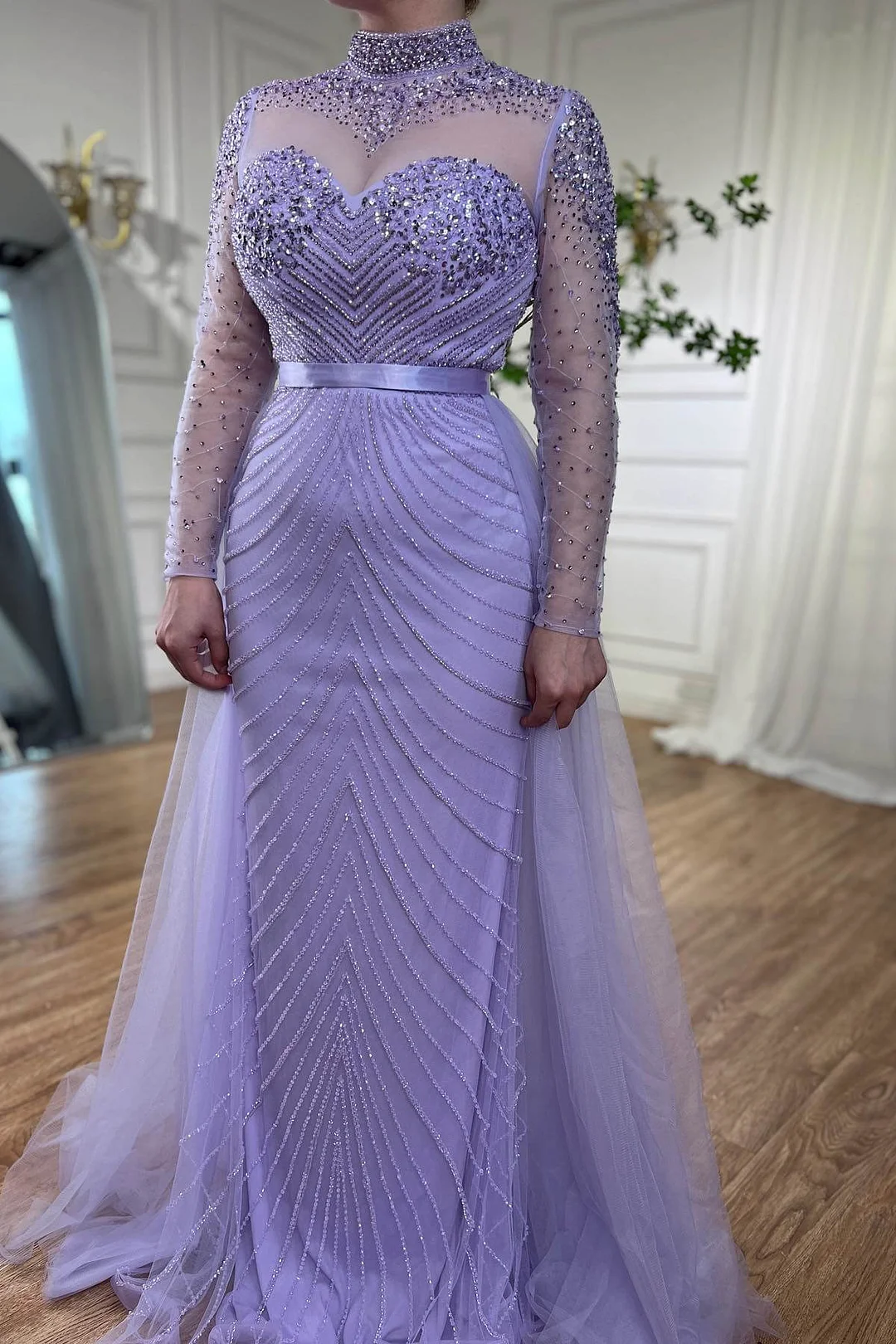 Bellasprom Lilac Long Sleeves Mermaid Prom Dresses High Neck With Beadings Tulle Overskirt