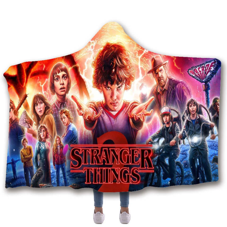 Stranger Things Hooded Blanket For children Sherpa Fleece Hoodie Blanket For Sofa Microfiber Mantle Throw Blanket For Travel