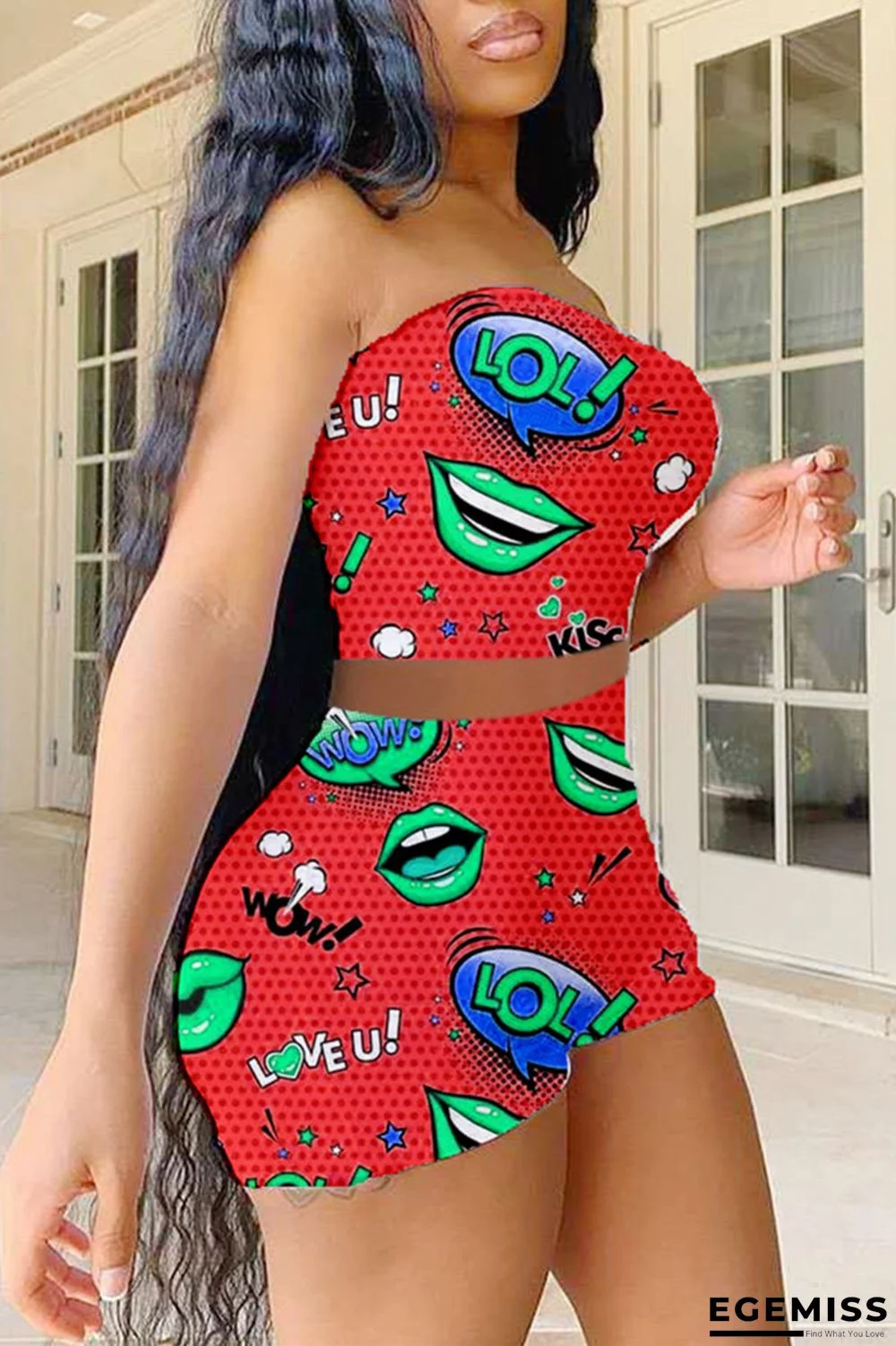 Red Sexy Casual Print Backless Strapless Sleeveless Two Pieces | EGEMISS