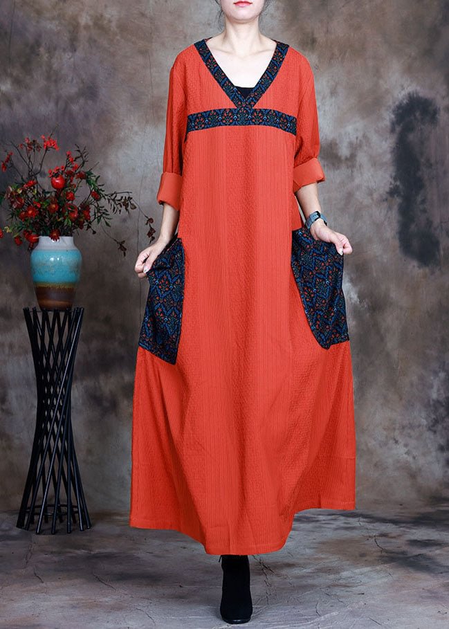 Boho Orange V Neck Pockets Print  Fall Long sleeve Dresses CK547- Fabulory