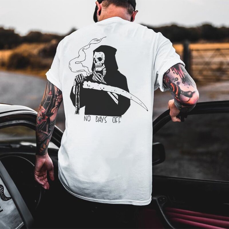 No Days Off Smoking Grim Reaper Printed White T-shirt -  