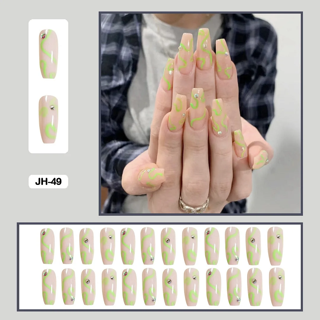 24pcs/box Long Trapezoid Fake Nails Geometric Simplicity Personality Graffiti Animal Pattern Nail Art Nails Press on With Glue-Nail Inspo