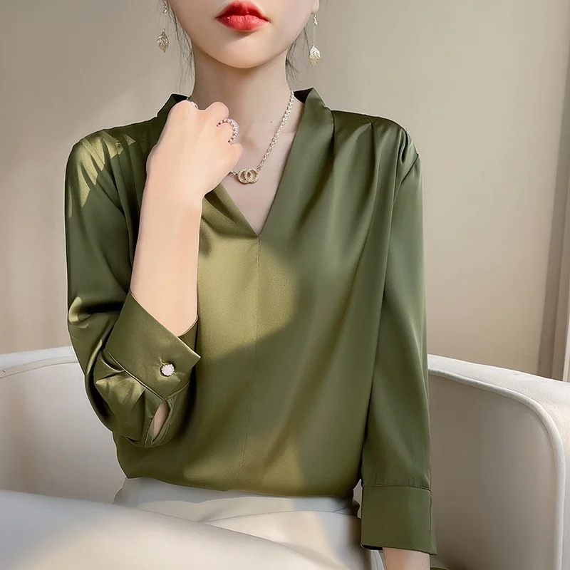 Churchf Churchf 2023 Summer Women's New Satin Shirt V-Neck Simple Nine-Minute Sleeve Temperament Versatile French Jacket
