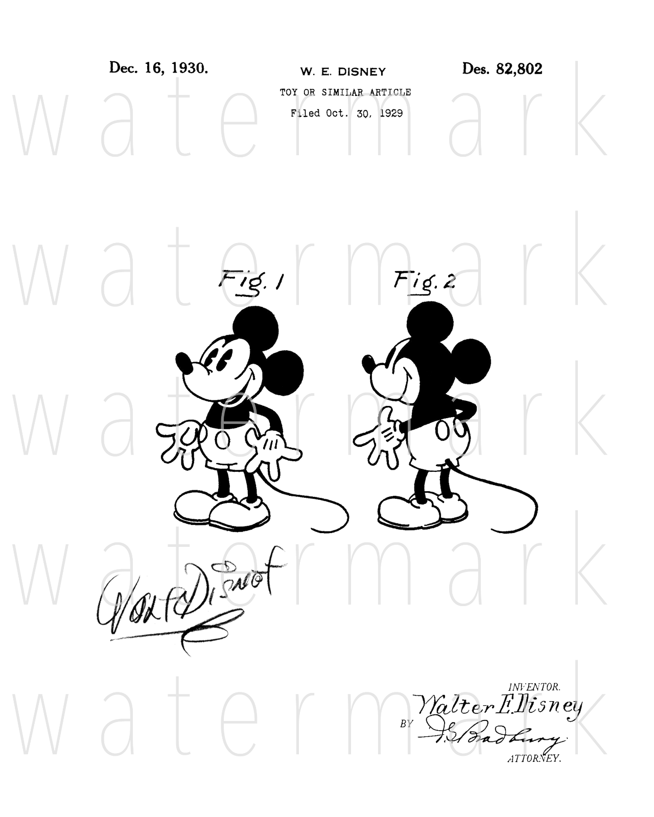 Walt Disney signed Mickey Mouse Patent 8X10 Photo Poster painting poster picture autograph RP