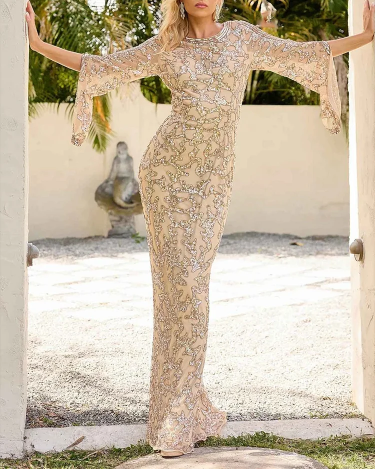 Women's Round Neck Mesh Sequin Dress