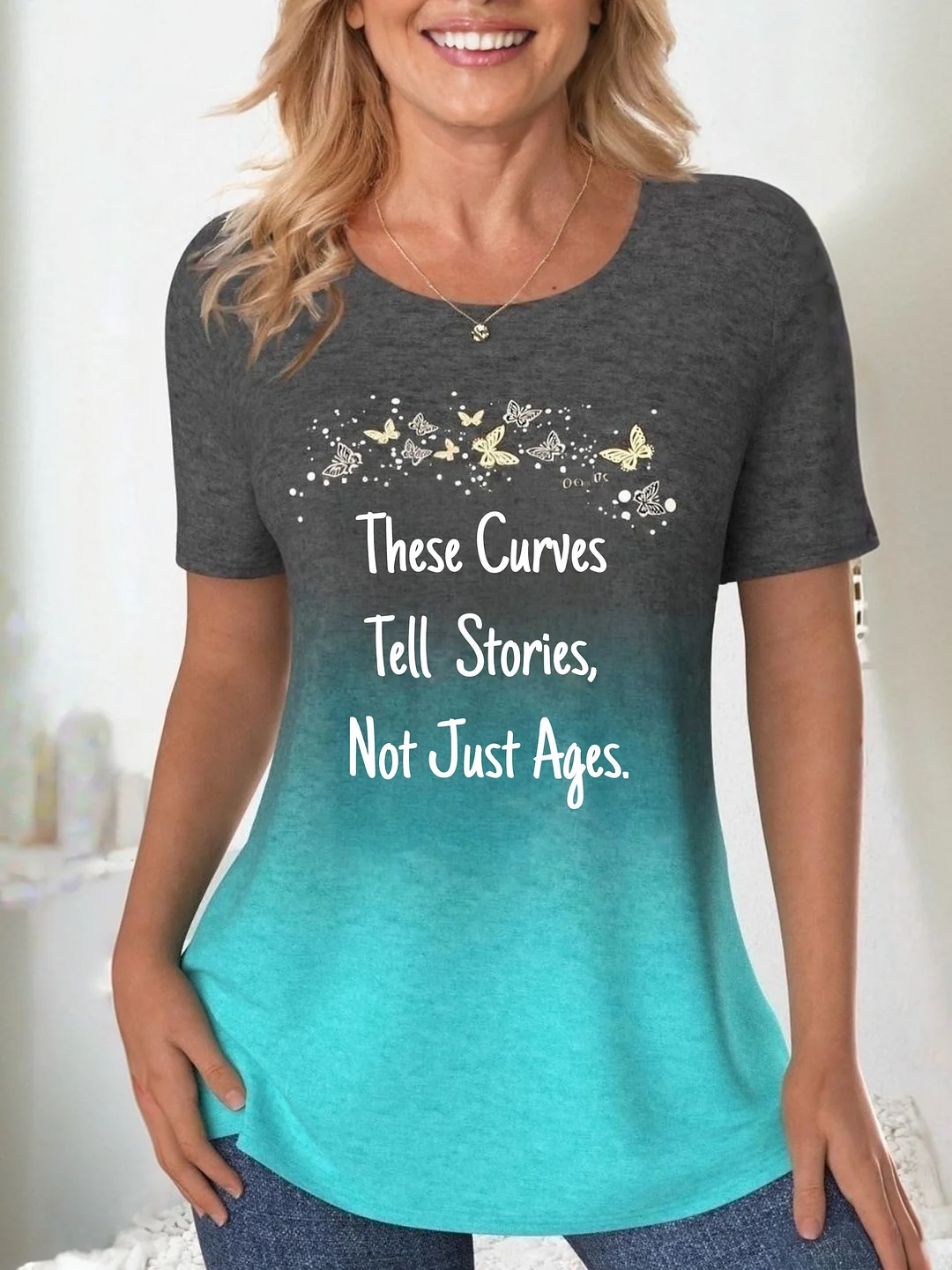 Women Gradient Short Sleeve Round-neck Black and Blue T-shirt Printed With  These Curves Tell Stories, Not Just Ages.