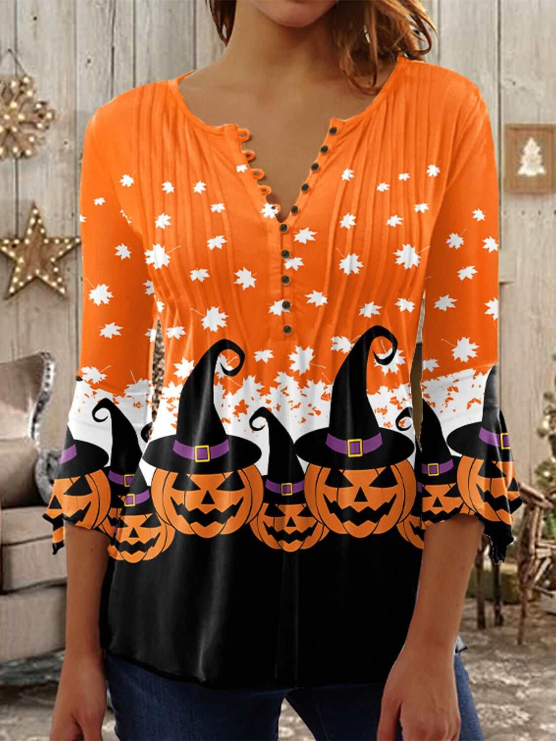 Women Long Sleeve V-neck Graphic Floral Printed Top