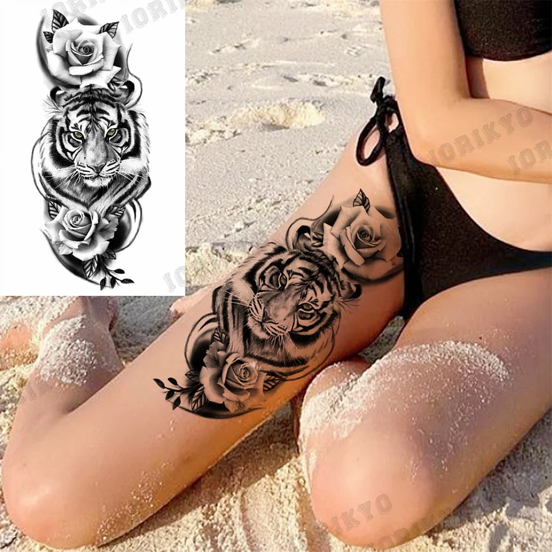 Black Lion Wolf Temporary Tattoos For Men Adult Forest Rose Compass Warrior Fake Tattoo Washable Body Art Painting Tatoo Sticker