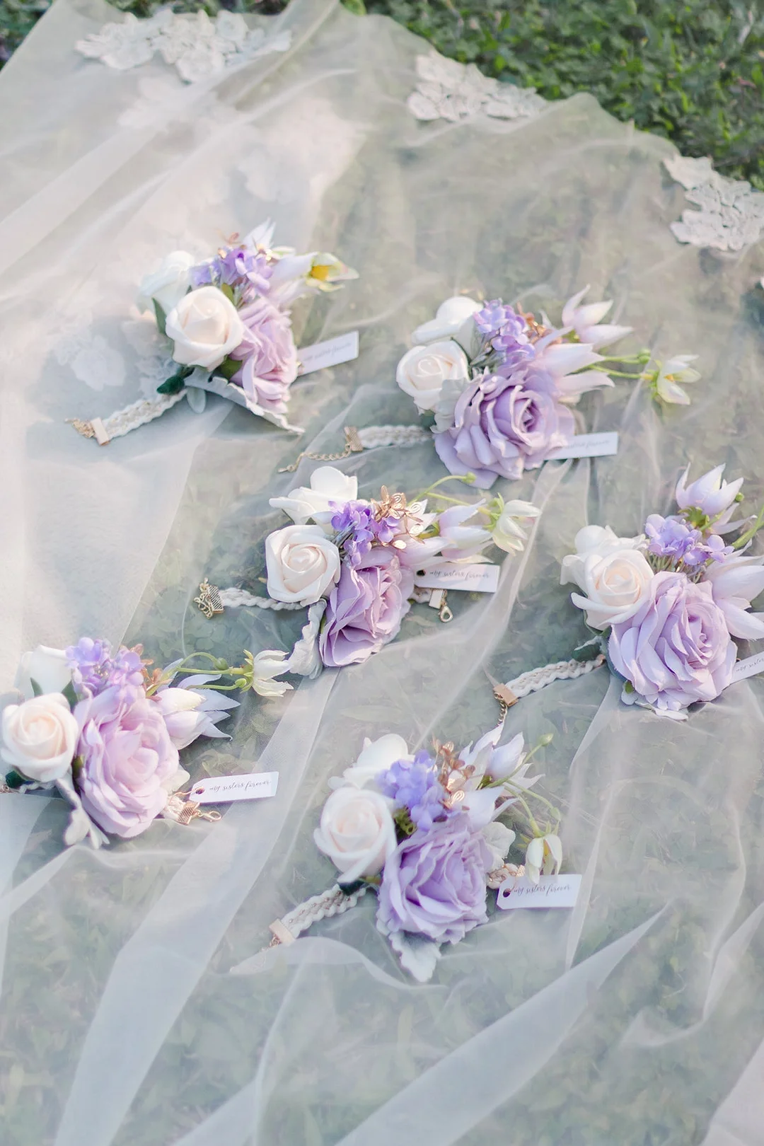 Wrist Corsages in Lilac & Gold
