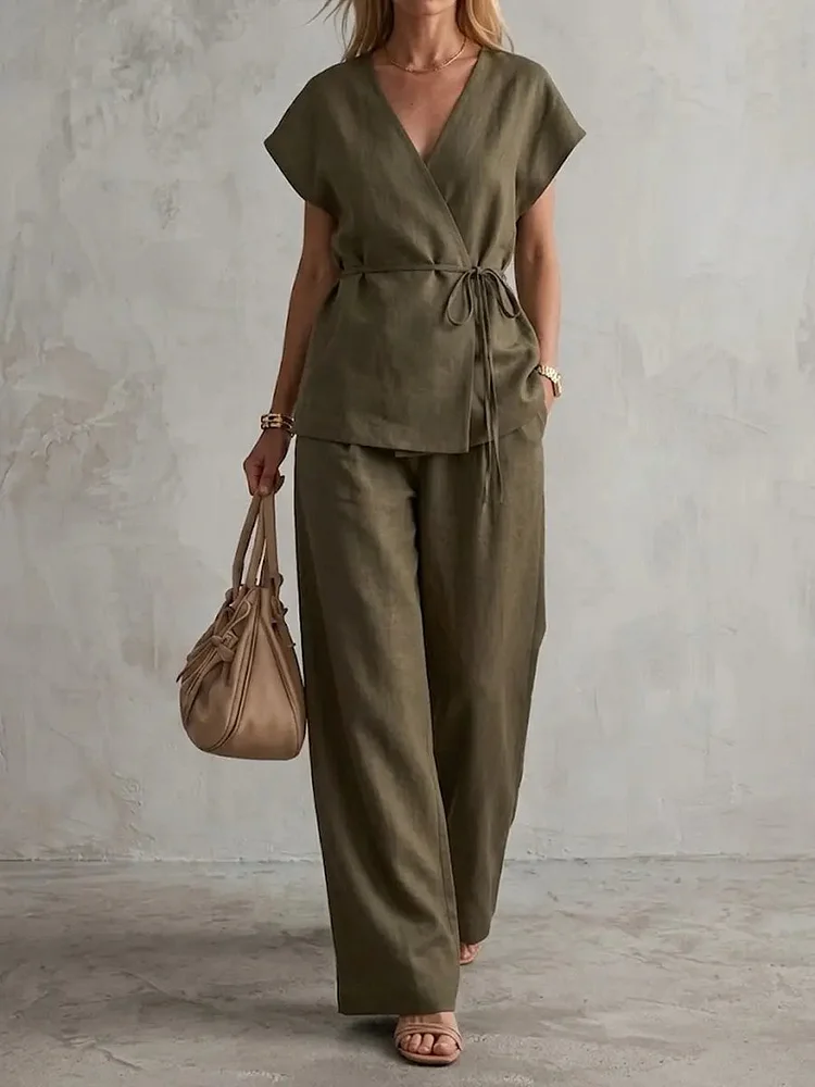 Women's Minimalist Cotton And Linen Wide-leg Pants Set