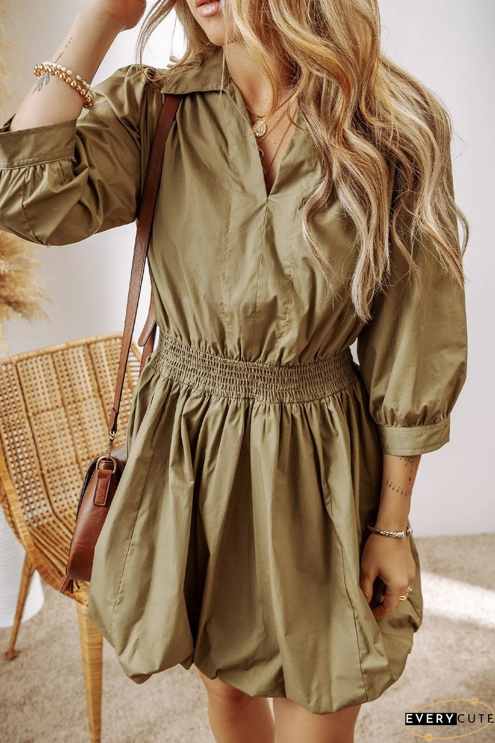 Guacamole Green Collared V Neck Smocked High Waist Mini Dress