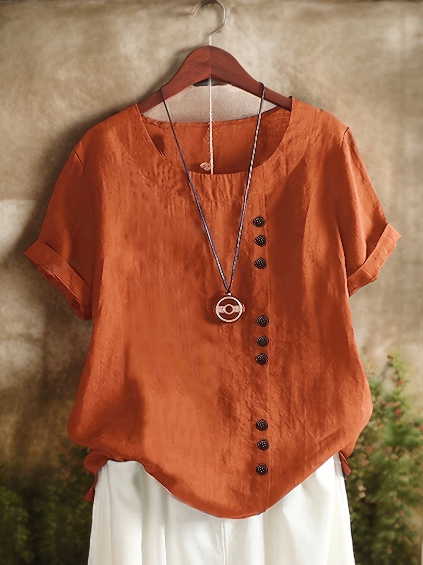 Women's Casual Short Sleeve Button-Up Shirt - Summer Round Neck Solid Color Blouse With Decorative Buttons, Machine Washable & Dry Cleanable, Versatile For Vacation & Casual Attire, Short Sleeve Blouse, Decorative Button Detail, Smooth Texture | IFYHOME