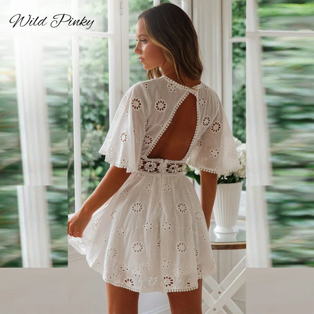Flare sleeve cotton white lace dress Women casual ladies dress Summer high waist short dress backless vestidos hollow out dress