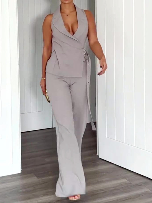 Women's Sleeveless Deep v Side Metal Buttoned Vest Top And Straight Pants Suit