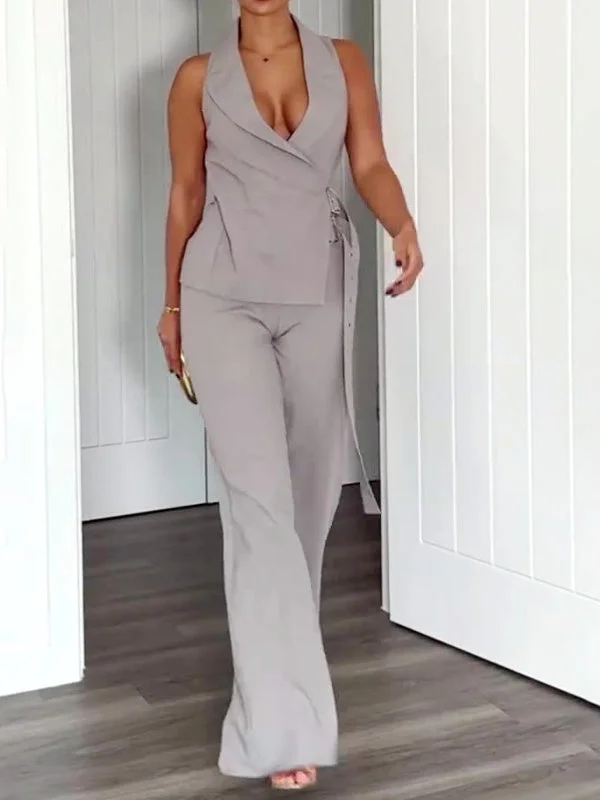 Style & Comfort for Mature Women Women's Sleeveless Deep v Side Metal Buttoned Vest Top And Straight Pants Suit